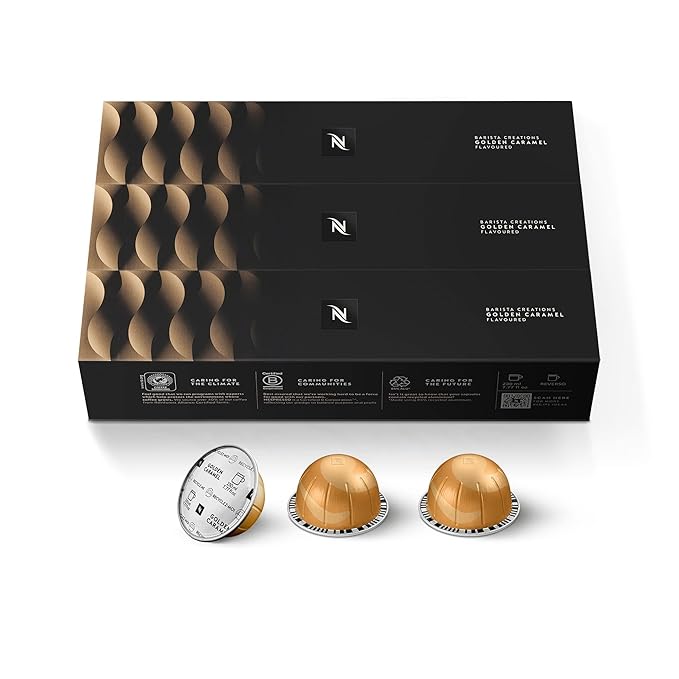 Nespresso Capsules Vertuo Golden Caramel Medium Roast Coffee 30 Count Coffee Pods Brews 7.8oz.