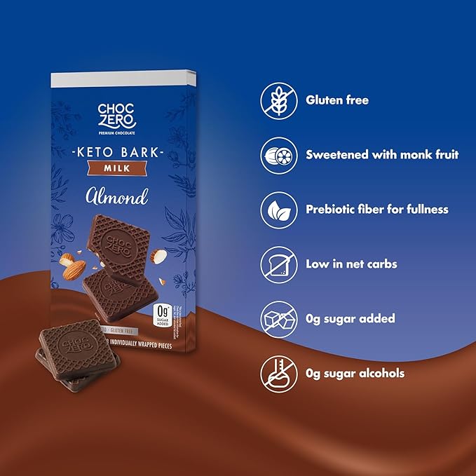 ChocZero Milk Chocolate Almond Bark No Added Sugar Low Carb High Fiber Keto Friendly No Sugar Alcohols (4 Count 3.2oz Boxes)