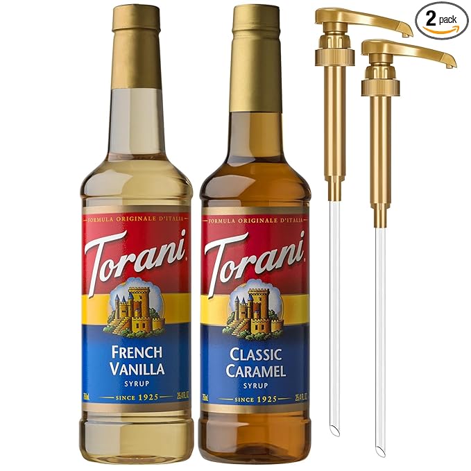 Torani Syrups Classic Caramel and French Vanilla Syrup Variety 2-Pack Coffee Syrups for Drinks Pumps Included 25.4 Fl Oz Ea