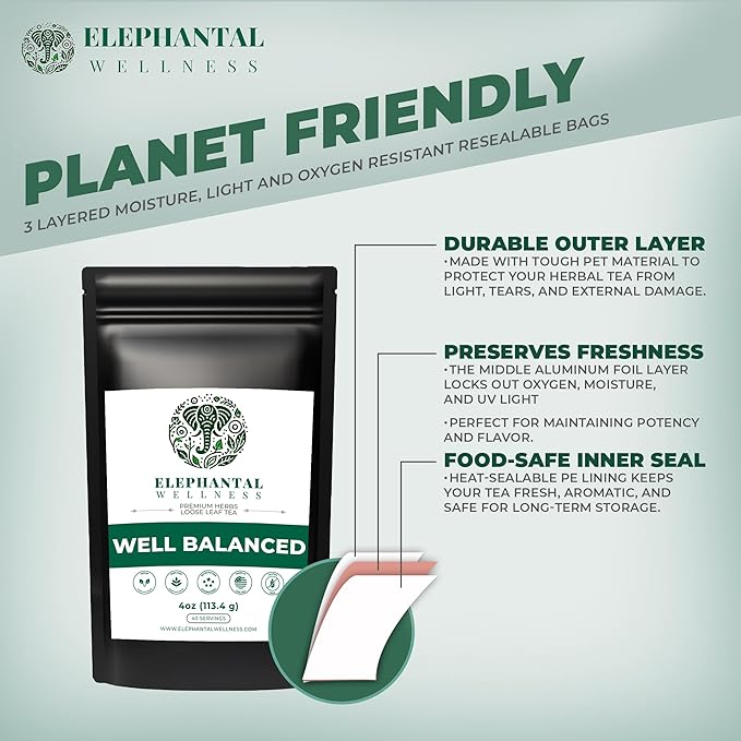 Elephantal Wellness Premium Well Balanced Herbal Tea | For Healthy Cortisol Adaptogenic Stress &amp Energy Support with Ashwagandha Reishi Eleuthero &amp Lion’s Mane | Handmade Caffeine-Free No