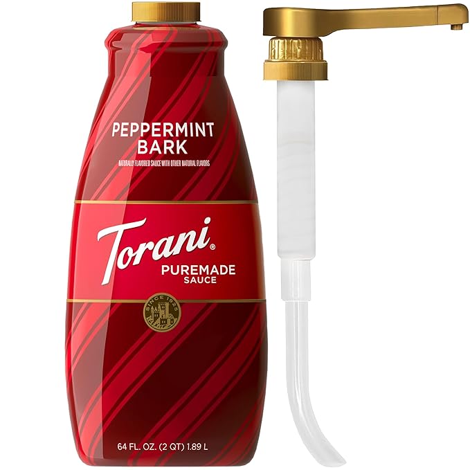 Torani Puremade Peppermint Bark Sauce for Coffeehouse Drinks and Desserts Large 4lb Bottle Pump Included 64 Fl Oz