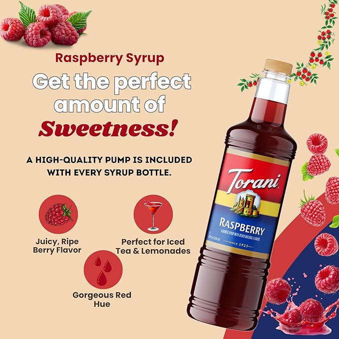 Torani Raspberry Syrup 1 Liter Bottle with Pump – Premium Sweet &amp Tart Berry Flavoring with Pure Cane Sugar for Coffee Lemonade Iced Tea Italian Sodas Cocktails &amp Desserts