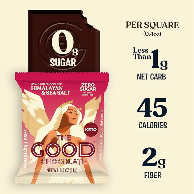 The Good Chocolate - Himalayan Salt Keto Chocolate Squares Zero Sugar Lower Net Carb Snack Lower Calorie Vegan Chocolate Candy 24 Square Family Pack