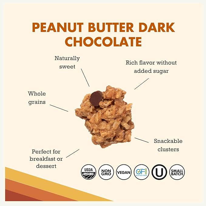 Grandy Organics Peanut Butter &amp Dark Chocolate Granola - 6g Protein Snackable Granola Clusters - Whole Grain Gluten Free Non-GMO Certified Organic Healthy Snacks - Pack of 3