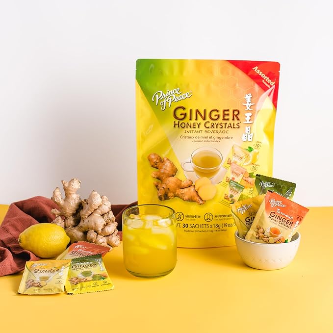 Prince of Peace Instant Ginger Honey Crystals Assorted (Lemon Turmeric Matcha) 30 Sachets - pack of 2 – Instant Hot or Cold Beverage that Soothes Throat – Easy to Brew – Drink Like a Tea – Gluten F