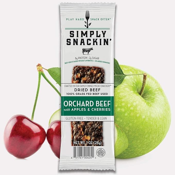 Simply Snackin' - Dried Grass Fed Beef Snacks High Protein Low Calorie Low Sugar Low Carb Low Fat Gluten Free 20 Serving Pack (Orchard Beef with Apples &amp Cherries)