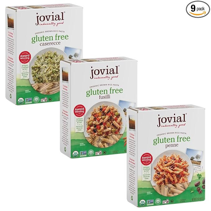 Jovial Whole Grain Brown Rice Pasta Variety Pack (Penne Fusilli Caserecce) - Whole Grain Pasta Organic Pasta Gluten Free Dairy Free Brown Rice Pasta Made in Italy - 12 Oz 9 Pack