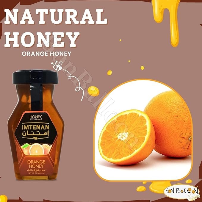 bonballoon Brilliant Imtenan Honey Orange Natural Bee Honey Egyptian Pure Fresh Syrup Premium Egypt Arab Kosher Halal (1 Pack = 8.82 oz / 250 gm) عسل امتنان البرتقال حلال