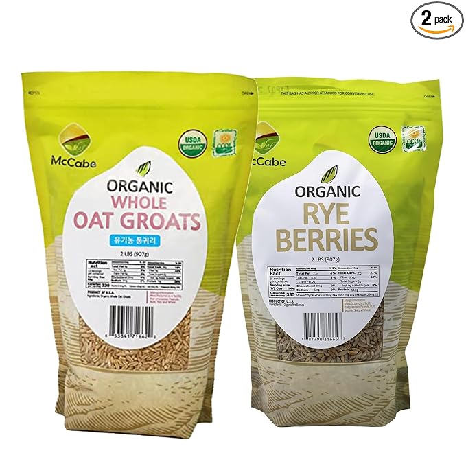 McCabe Organic Whole Grain Oats (2lbs) &amp Rye Berries (2lbs) Combo | USDA &amp CCOF Certified | Raw &amp Whole | Packed in USA
