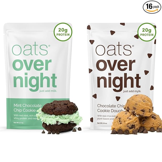 Oats Overnight Mint Chocolate Chip Cookie 8 Pack &amp Chocolate Chip Cookie Dough 8 Pack - 20g Protein High Fiber Breakfast Shake - Gluten Free Non GMO Oatmeal