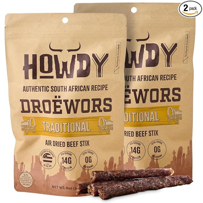 Howdysnax Handcraft Authentic Small Batch Droëwors Beef Sticks Sugar Free Soy Free Paleo &amp Keto Friendly Snack (Two 8oz Packs)