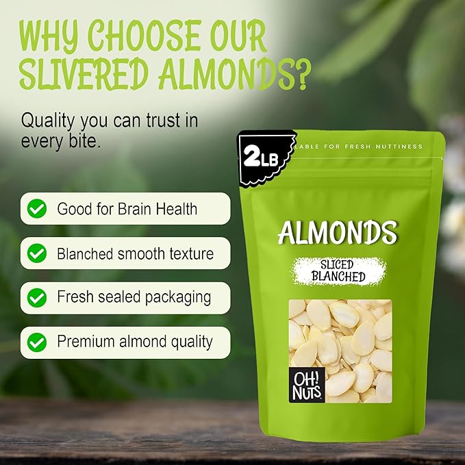 Oh! Nuts Almonds Blanched Sliced - Raw - 100% Natural - 2 LB - High-Protein Almonds - Packed in New York Zip-Seal Bag for Exceptional Freshness
