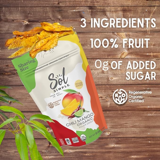 SOL SIMPLE Regenerative Organic Certified™ Dried Chili Mango and Pineapple | Snack Pack | Vegan | Non-GMO | No Added Sugar | Dried Fruit | Dried No Sugar | Organic