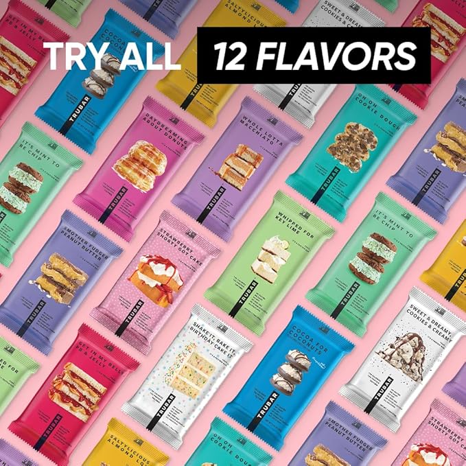 TRUBAR Vegan Protein Bar Shake it Bake it Birthday Cake it Gluten Free Plant Based Protein Dairy Free Non GMO Soy Free No Sugar Alcohols 12G Protein 12G Fiber 23G Carb Snack Bars 12ct