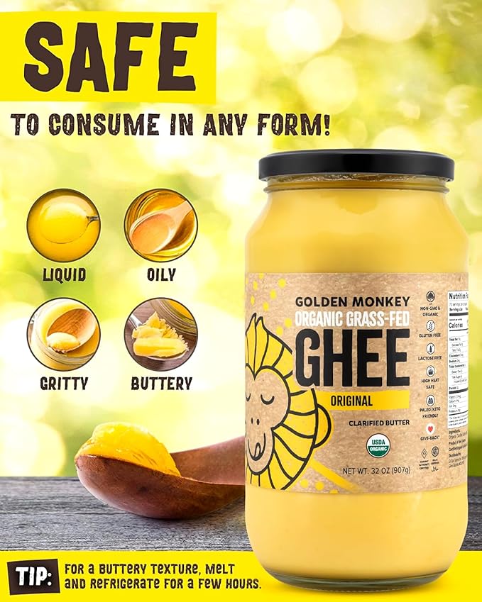 GOLDEN MONKEY Organic Ghee Butter – Grass Fed Clarified Butter for Cooking Baking Keto &amp Gut Health – Ghee Butter Organic Grass Fed from Small Farms – Smooth Spread with High Smoke Point (32oz)
