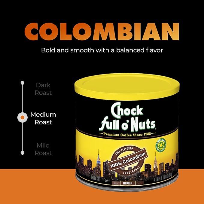 Chock Full o' Nuts Colombian Ground Coffee – Premium Beans in Recyclable Steel Can – Rich Flavor &amp Aroma Dark Roast – Perfect for Drip Pour-Over Percolator – 24 Oz Can