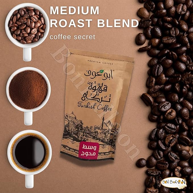 Abu Auf AbuAuf Oriental Original Turkish Coffee Cafe Arabic Arabian Arabica Ground Roasted Mud Coffee Medium Roast Blend (Medium Roast With Cardamom 7.05 oz / 200 gm)