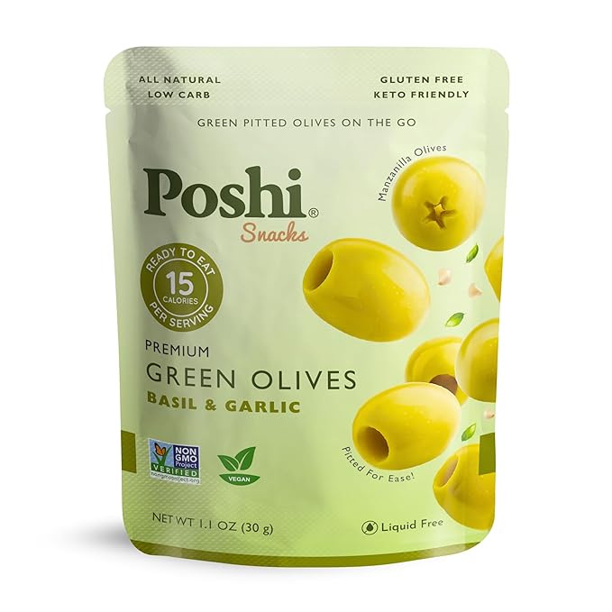 POSHI Green Pitted Olives - Basil &amp Garlic | Vegan Kosher Gluten Free + Keto Friendly Fresh Low Calorie Healthy Snacks | (30 Pack 1.1oz Bags)