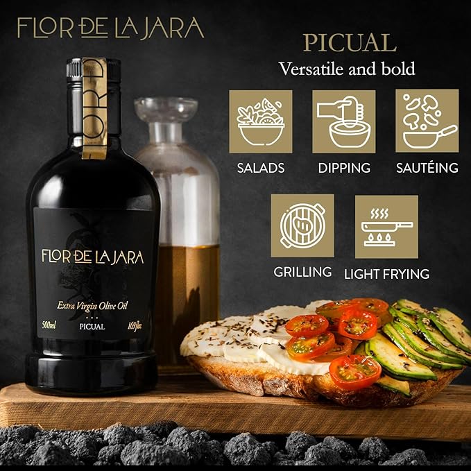FLOR DE LA JARA Premium Extra Virgin Olive Oil from Spain First Cold Pressed Polyphenol-Rich Monovarietal Picual Hand-Harvested Olives Family-Owned Grove Low acidity (01%) 16.9 fl oz (500ml)