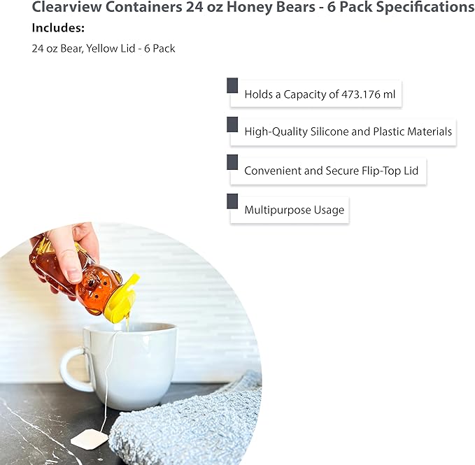6 Pack of 24 Ounce Honey Bears with Sealable Yellow Flip Top Lids (24 oz. Bear 6pk Yellow)
