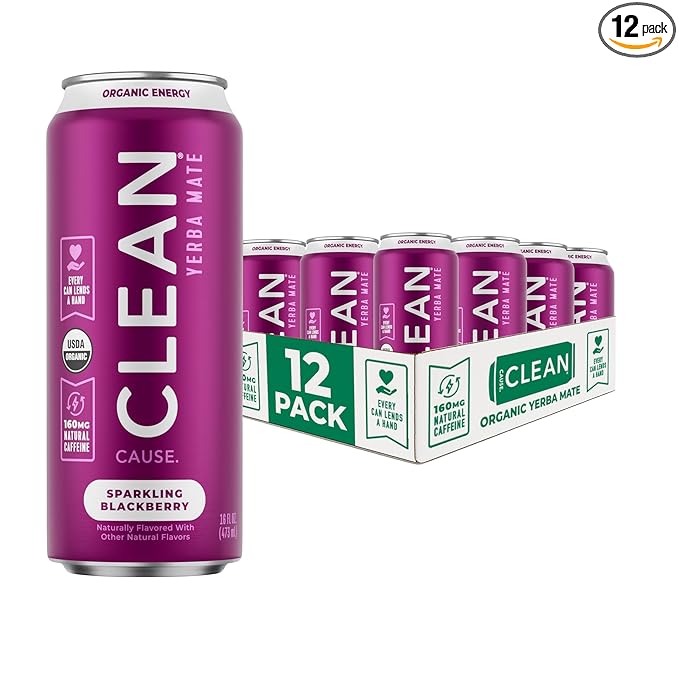 CLEAN Cause Low Calorie Blackberry Yerba Mate Tea Sparkling USDA Organic Energy Drink Alternative Low Sugar 160mg Natural Caffeine Soda Alternative Plant-Based (16oz cans 12-Pack Case)