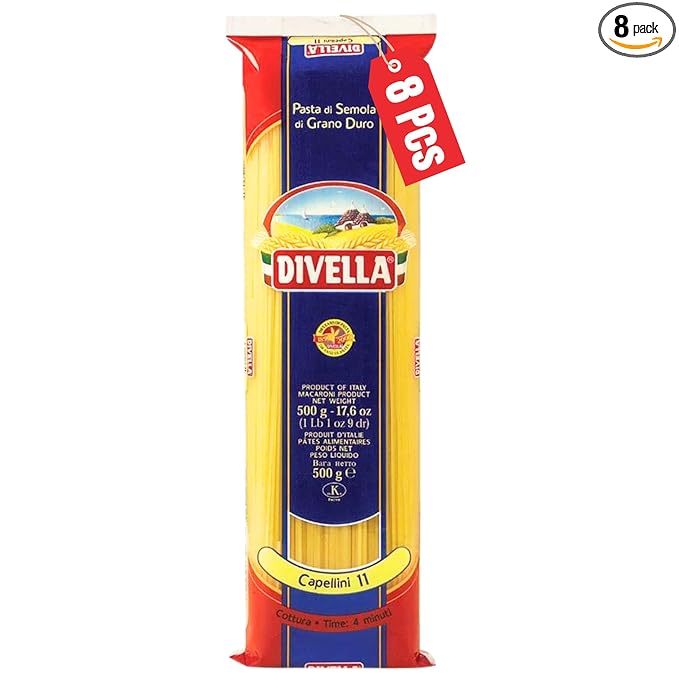 Divella Angel Hair Pasta #11 16 oz. (Capellini Pasta Pack of 8) - Authentic Italian Pasta Made with Durum Wheat Semolina Perfect 'Al Dente' Texture for Every Dish