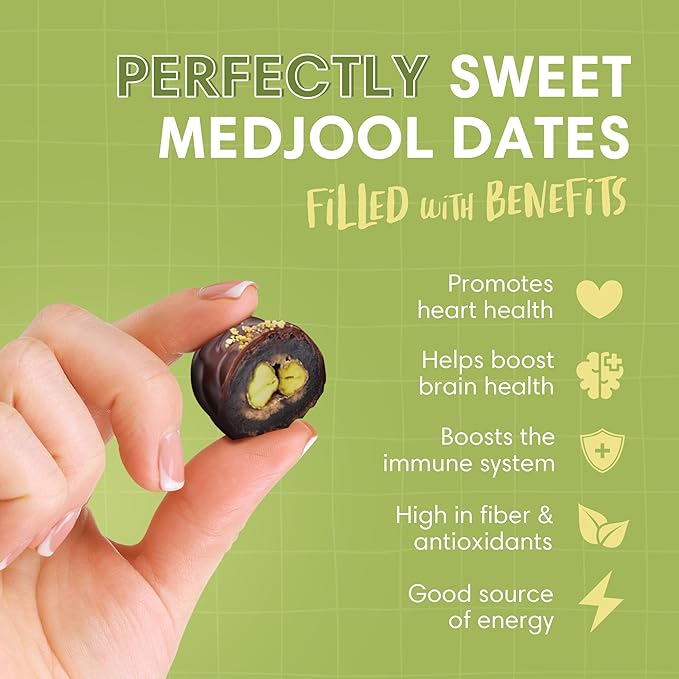 DORREL - Belgian Dark Chocolate Covered Dates (Medjool) with Pistachio Stuffing High Energy Vegan Choco Snack Delicious Kosher &amp Non-GMO Pack of 3 Stuffed Chocolate Dates 7.05 oz / 200 g Ea