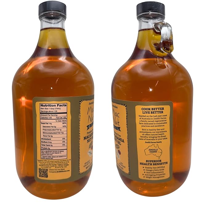 Macadamia Nut Cooking Oil- Australian Pure Cold Pressed Macadamia Nut Oil Unrefined Natural Cooking Oil High Smoke Point Fry Oil Non GMO Vegan Keto Friendly and Gluten Free (64 fl oz)