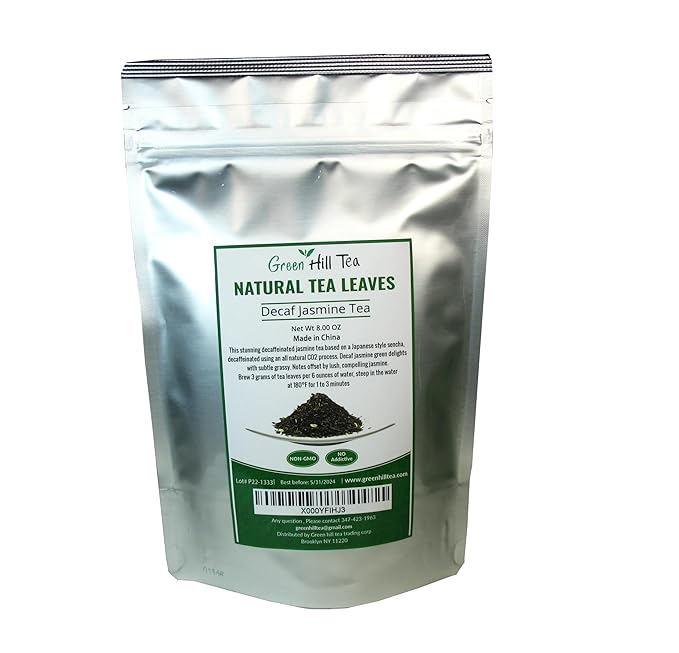 Greenhilltea Decaf Jasmine Green Tea Green Tea CO2 naturally processed Caffeine-Free Tea - 8 Oz Bag