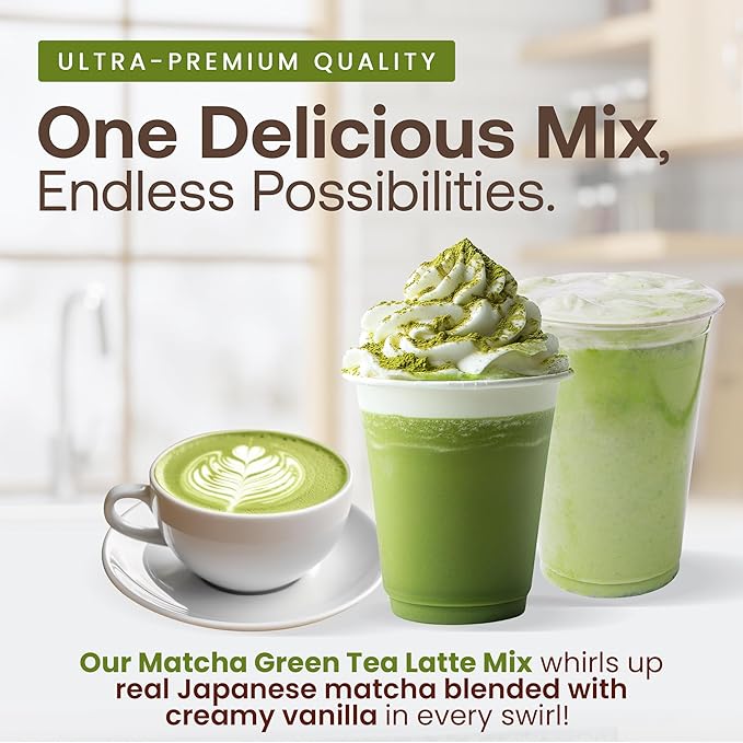 Dr. Smoothie Café Essentials Matcha Green Tea Latte – No Artificial Colors Flavors or Sweeteners – Shelf Stable – 51mg of Caffeine – Great for Hot Iced &amp Frozen Frappes (3.5 lb Bag 30 Serving