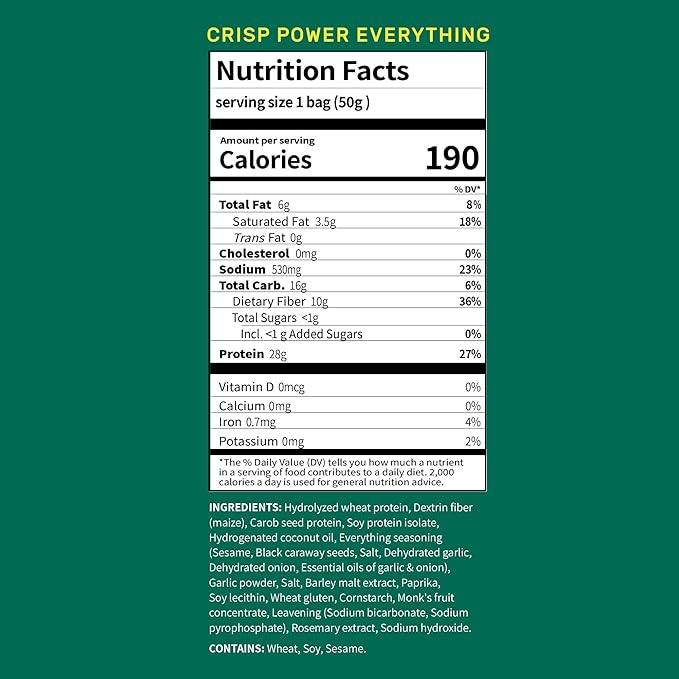 CRISP POWER Protein Pretzels Everything 28G Protein High Protein Snack High Fiber Low Carb Crunchy Pretzel Snacks No Added Sugar 1.75 oz Bags 6 Pack Vegan Keto