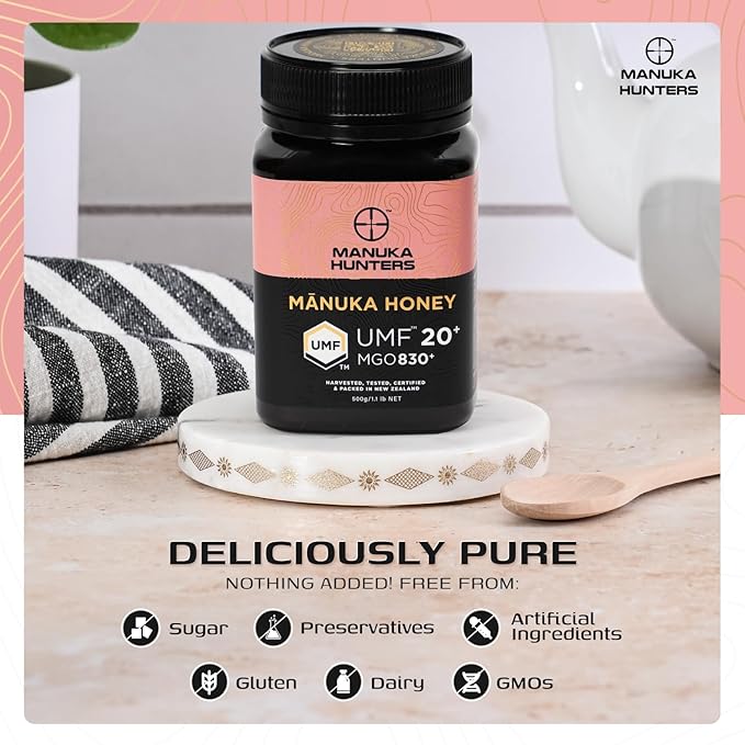 Manuka Hunters UMF 20+/MGO 830+ Certified New Zealand Manuka Honey - 100% Pure Natural Sweetener - Gluten Dairy Free - Ideal for Tea Coffee Smoothies and Baking - Sustainable - 1.1lb/500g Jar