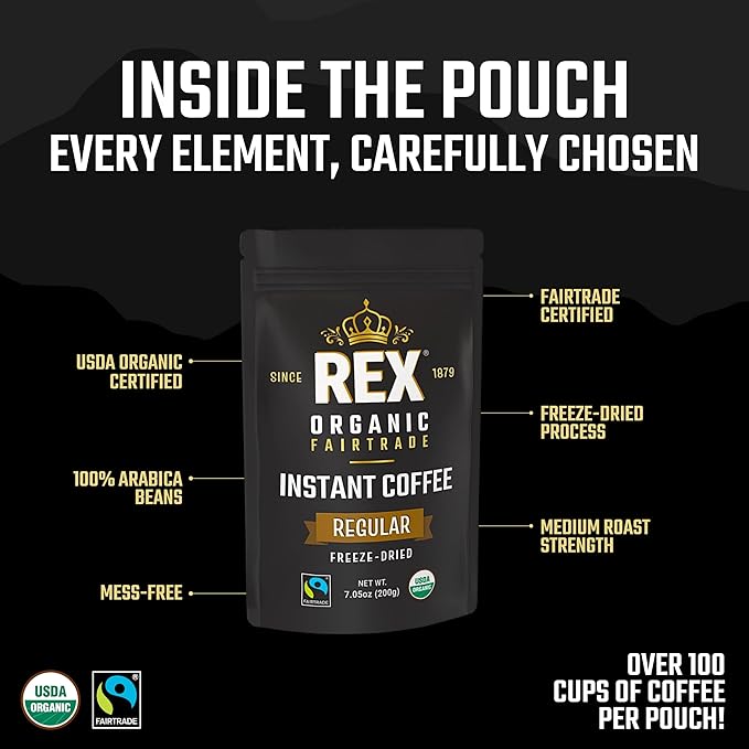 Rex Organic Fairtrade Freeze-Dried Instant Coffee – Medium Roast Arabica 7.05 oz (Pack of 2) Resealable Pouch Bags – USDA Organic &amp Fairtrade Certified Lab Tested for Mold &amp Mycotoxins