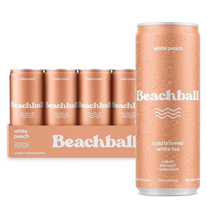 Beachball Organic Iced Tea White Peach Cold Brewed White Tea Low Sugar 12 pack (12oz can) antioxidants immune support electrolytes vitamin c