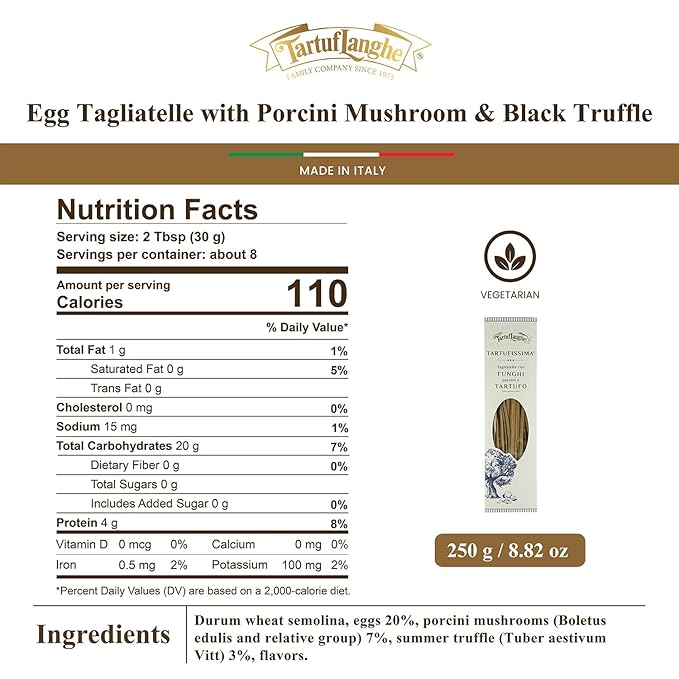 TartufLanghe Egg Tagliatelle with Porcini Mushroom and Black Truffle Gourmet Italian Pasta for Sauces Meats Appetizers and Fine Dining Dishes - 8.81 OZ (Pack of 1)