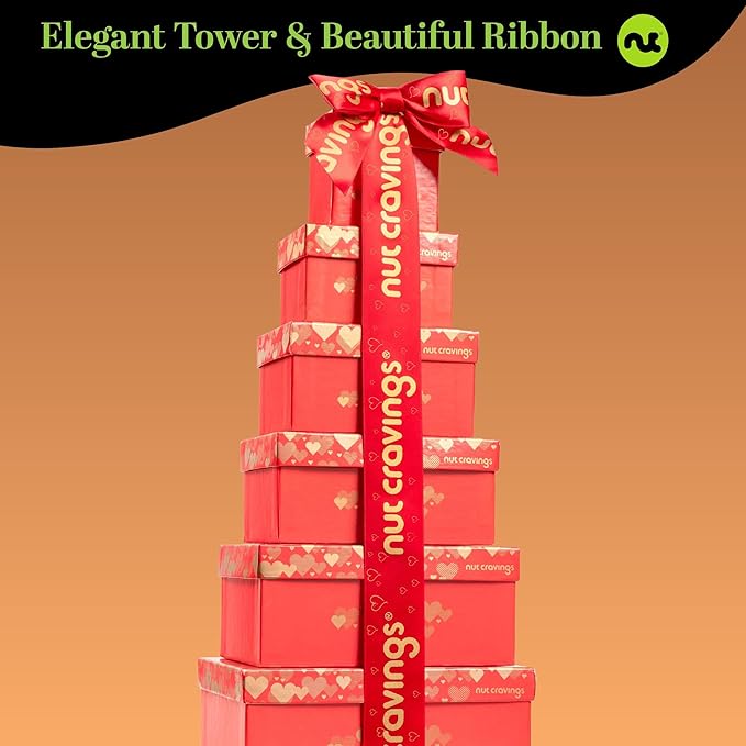 NUT CRAVINGS - Easter Dried Fruit &amp Mixed Nuts Gift Basket Red Tower + Heart Ribbon (12 Assortments) Ramadan Gifts Food Arrangement Healthy Snack Care Package Kosher