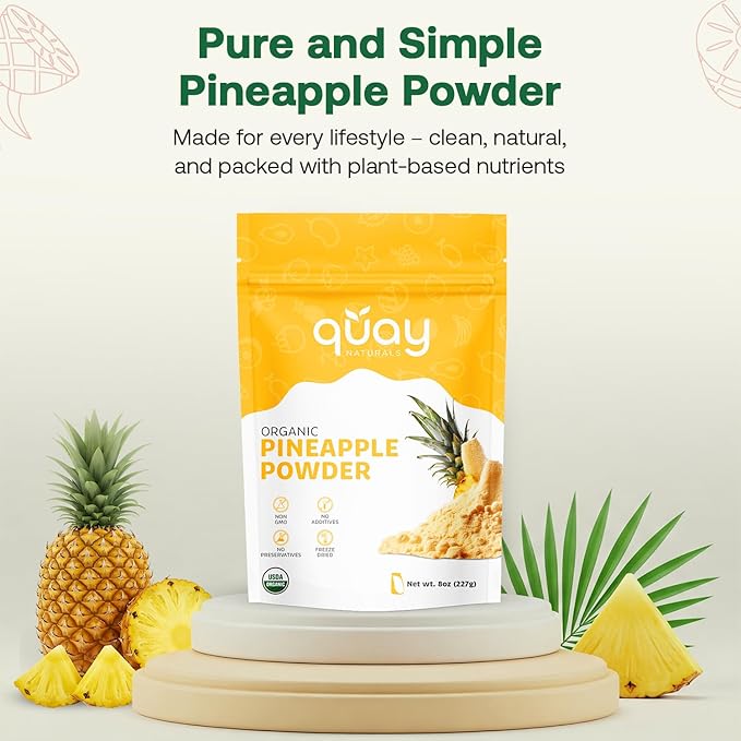 Quay Naturals Organic Pineapple Powder 8oz USDA Organic Freeze-Dried Pineapple Fruit Powder No Additives Gluten-Free