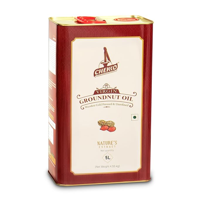 Chekko Peanut Oil Cold Pressed | 5 Liter (169 Fl Oz) | Groundnut Oil | Unrefined Wood Pressed | Pure Natural Non-GMO Cooking Oil for Deep Frying