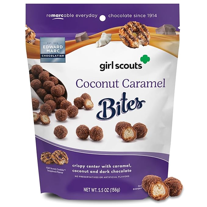 Edward Marc Girl Scouts Coconut Caramel Bites - Inspired by Girl Scout Cookies Crispy Coconut and Dark Chocolate - 5.5 oz Resealable Bag - Gourmet Chocolate Gift - Pack of 10