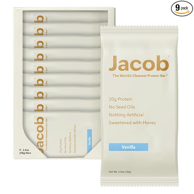 Jacob Bar Protein Bars Vanilla (9 Bars Total) - 20g Grass-Fed Protein No Seed Oils Nothing Artificial