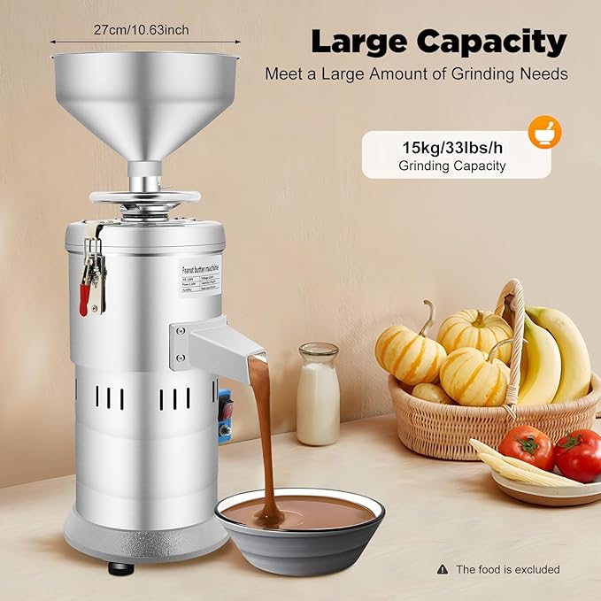 Peanut Butter Machine1100W Commercial Nut Butter machine 33lbs/h Sesame Sauce Grinder Nut Butter Maker Stainless Steel &amp Aluminum Electric Grinding Maker for Soy Milk Sesame Paste