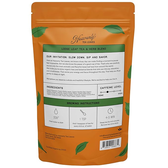 Heavenly Tea Leaves Organic Ginger Jazz Bulk Loose Leaf Tea and Herb Blend 1 Lb. (Approx. 200 Servings) - Delicious Hot or Iced Blend of Licorice Cinnamon Rosemary Soothing Herbal Tisane