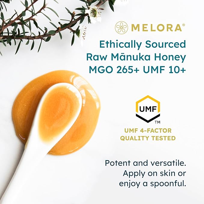 Melora Raw Manuka Honey from New Zealand | UMF 10+ | MGO 265+ | 8.8 Oz Jar | Safe for Skin Care | Edible &amp Healthy Sugar Alternative | Traceable from Hive to Hand Manuka Honey