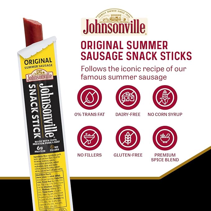 Johnsonville Summer Sausage Snack Sticks - Dairy Free Gluten Free Protein Snacks Jerky Snack Packs - Original 1 oz. 24-Pack