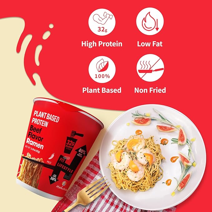 Hethstia High Protein Ramen Cup Spicy Beef Flavor 6-Pack Instant Healthy Ramen Soup with 32g Plant Protein Vegan Low Carb Non-GMO Air-Dried Noodles Non-Fried Low Fat Meal