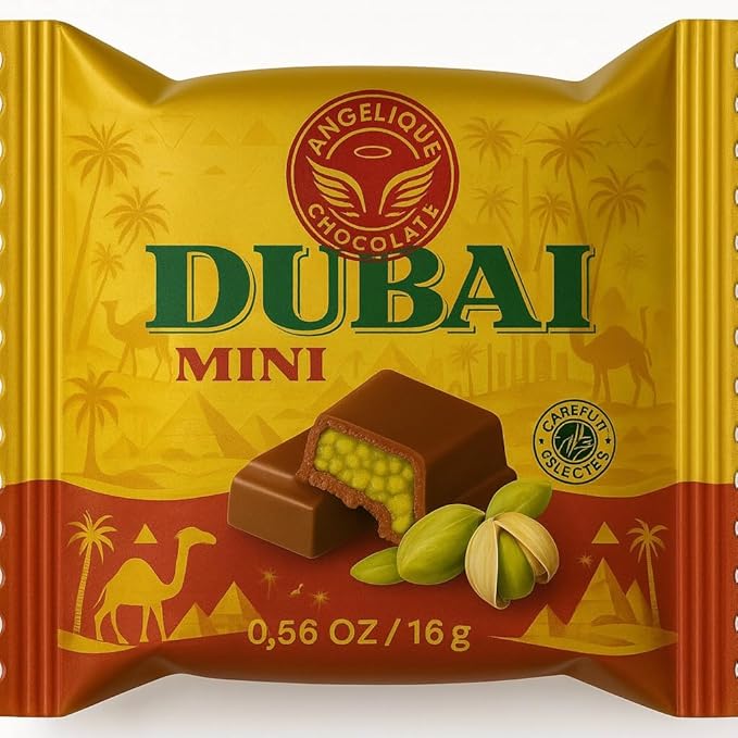 Angelique Chocolate Viral Pistachio Dubai Chocolate Mini ( Pack of 75 ) – Belgian Milk Chocolates with Knafeh &amp Real Antep Pistachios – Additives Free – Elegant Gourmet Gift Idea (0.56 Oz Angel H