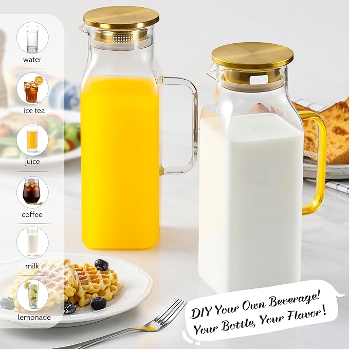 2 Pack 2 Liters/68 oz Square Glass Pitcher with Lid and Handle for Fridge Iced Tea and Coffee Carafe Beverage Serveware Heat Resistant Borosilicate Water Gold Jug for Hot/Cold Drinks and Milk