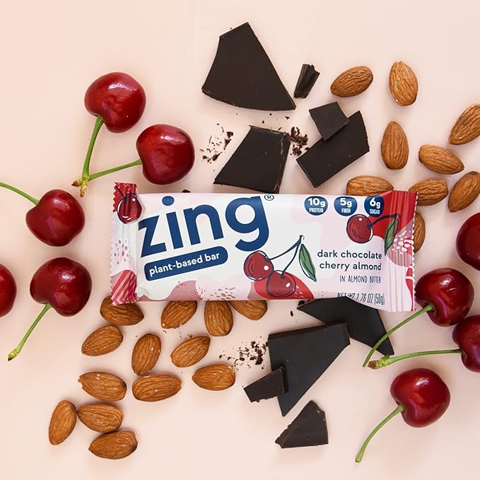 Zing Bars Plant Based Protein Bar Dark Chocolate Cherry Nutrition Bar 10g Protein 6g Fiber Vegan Gluten Free Soy Free Non GMO 12 count