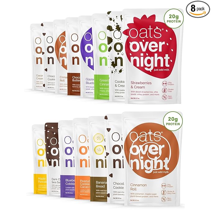 Oats Overnight Party Variety 8 Pack &amp Vegan Variety 8 Pack - High Protein High Fiber Breakfast Shake - Gluten Free Non-GMO Oatmeal