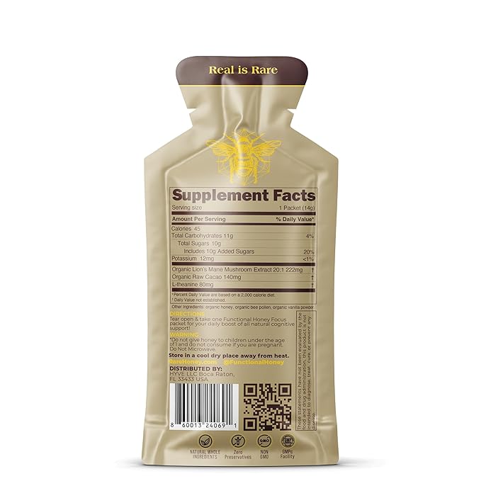 HYVE Mind Functional Honey – Focus &amp Memory Organic Honey with Lion's Mane Mushrooms Raw Cacao Bee Pollen &amp L-Theanine – Cognitive Support 15 Packets